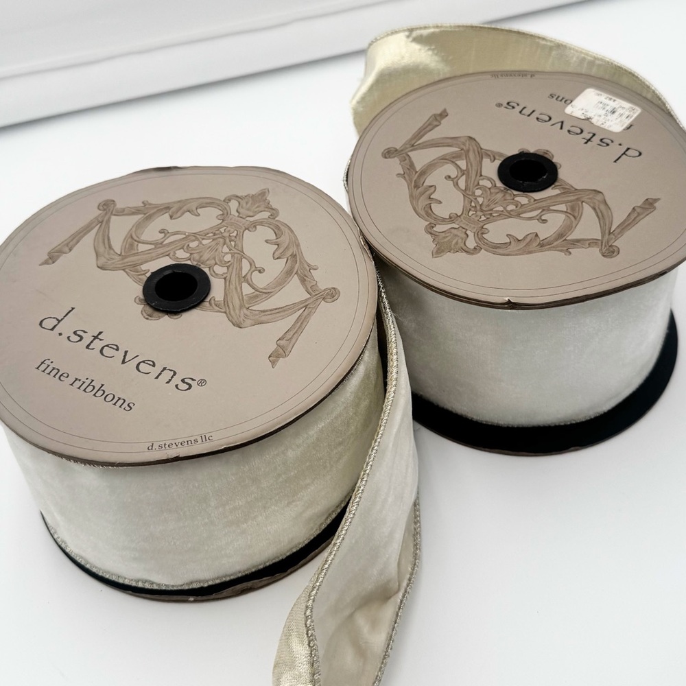 Luxury D. Stevens Wired Platinum Velvet Ribbon 4”x 10 Yards, Christmas 2 rolls